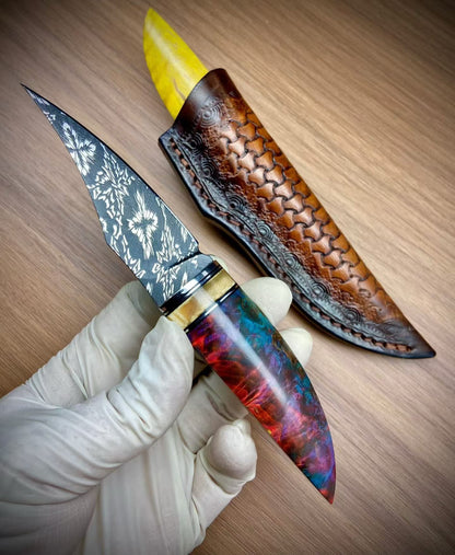 Premium Hand-Engraved Mosaic Damascus Collector's Knife - AK-HT1063