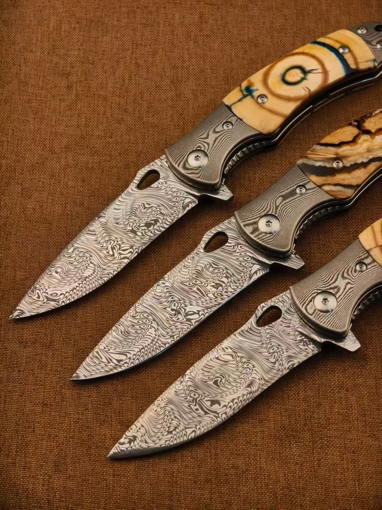 Handmade Powder Damascus Folding Knife – Mammoth Tooth Fossil Handle - AK-HT1069