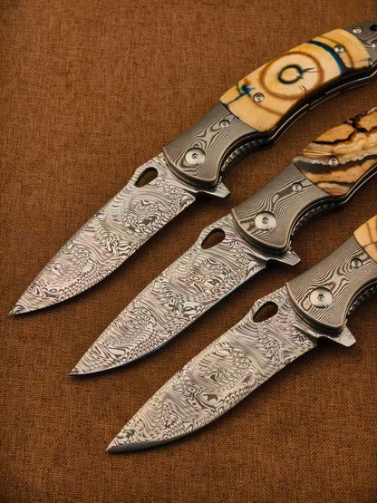 Handmade Powder Damascus Folding Knife – Mammoth Tooth Fossil Handle - AK-HT1069