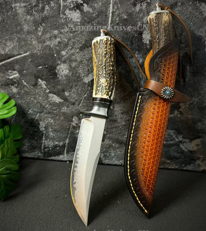 Handmade Japanese Skd-11 Steel Hunting Knife Survival Bowie Knife Full Tang Horn Handle - AK-HT0830