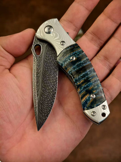 Collectible Feather Knife Folding Pocket Knife Survival Tactical Ball Bearing Flipper with Leather Sheath - AK-HT1010