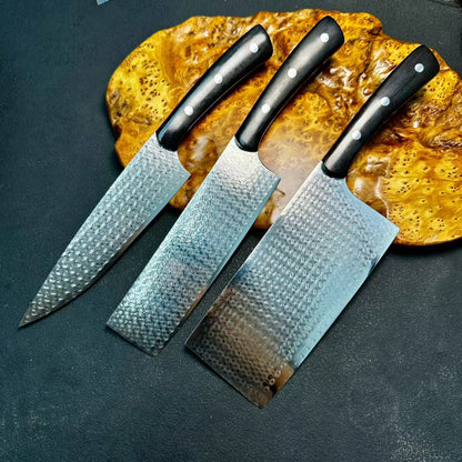 3-Piece Damascus Kitchen Knife Set – Chef Knife, Nakiri & Cleaver, Ebony Wood Handles - AK-DS1045