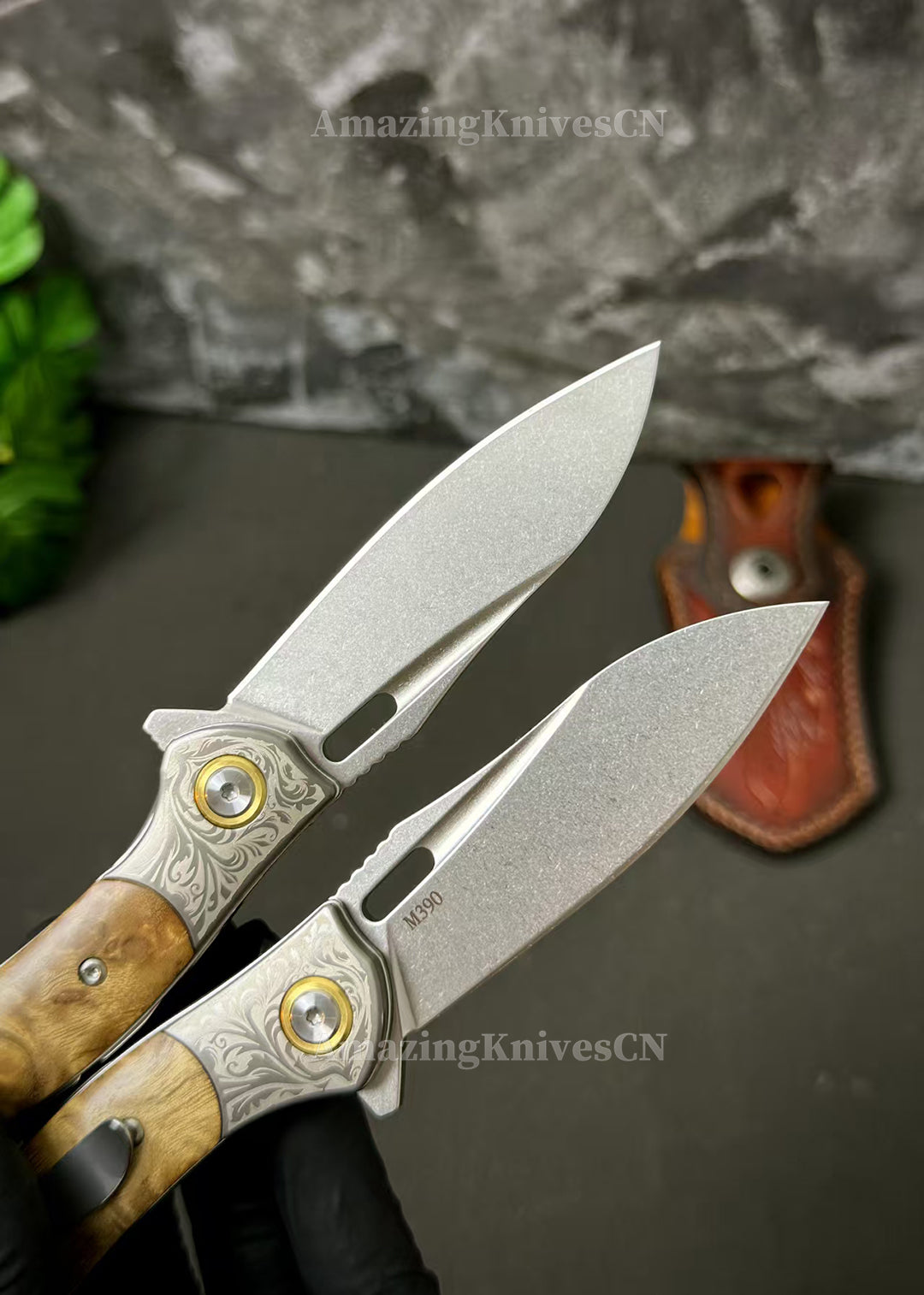 Desolate Horizon Blade – Handcrafted M390 Folding Knife with White Shadow Wood Handle - AK-HT1029