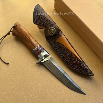Handcrafted Wootz Steel Fixed Blade Bowie Collectible Knife Desert Ironwood Handle with Leather Sheath - AK-HT0957