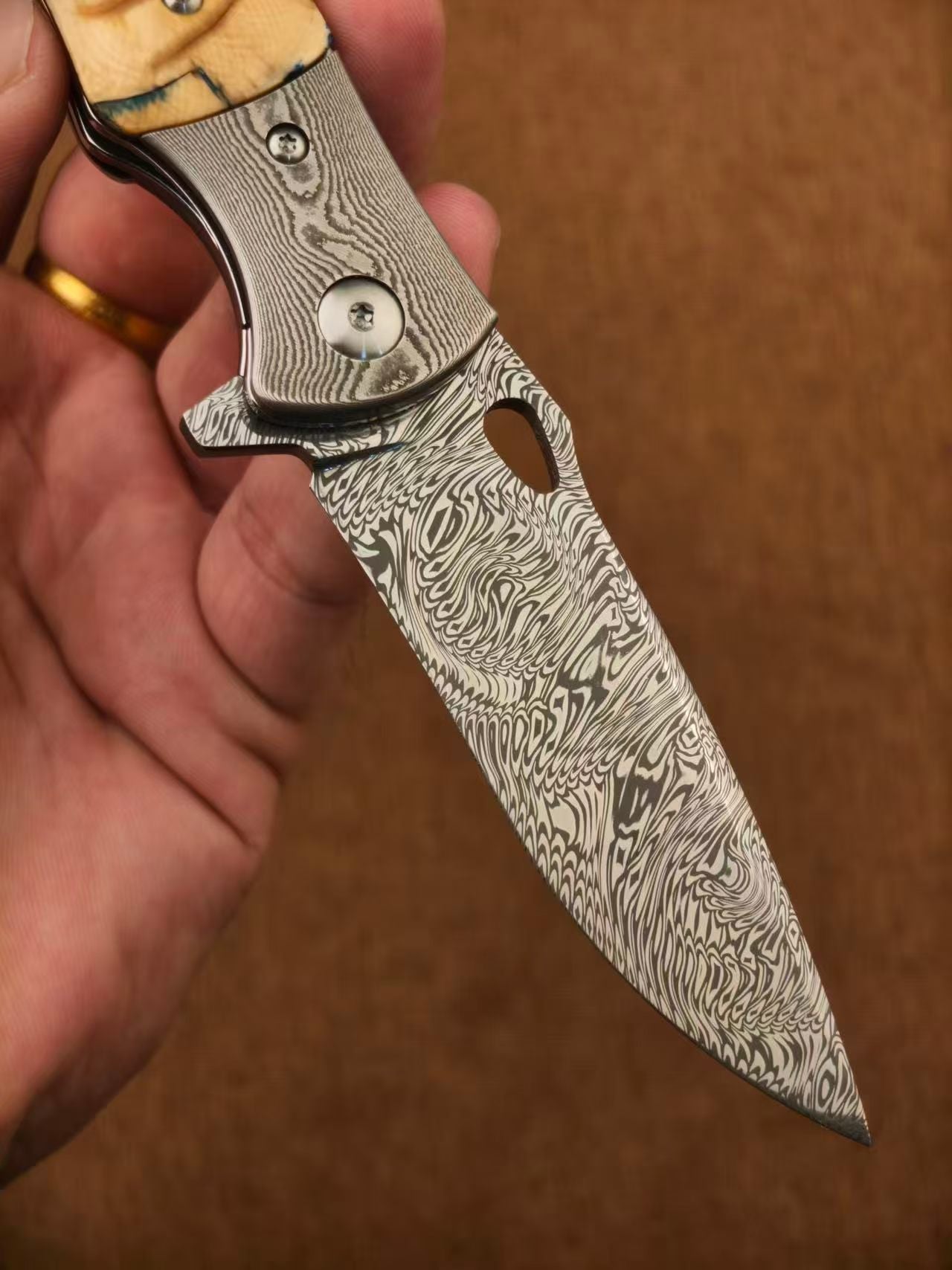 Handmade Powder Damascus Folding Knife – Mammoth Tooth Fossil Handle - AK-HT1069