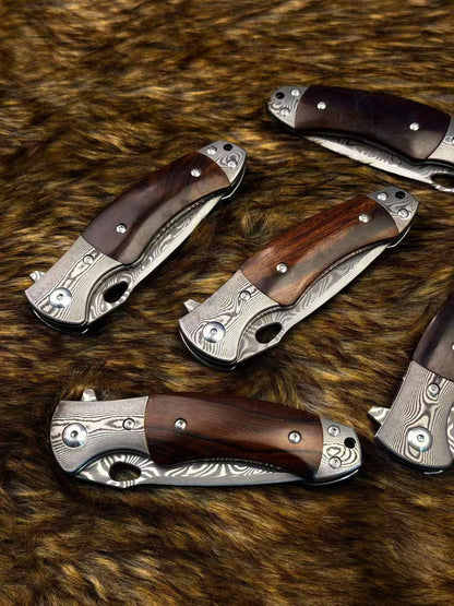 Handcrafted VG10 Damascus Steel Folding Knife Desert Ironwood Handle - AK-HT1073