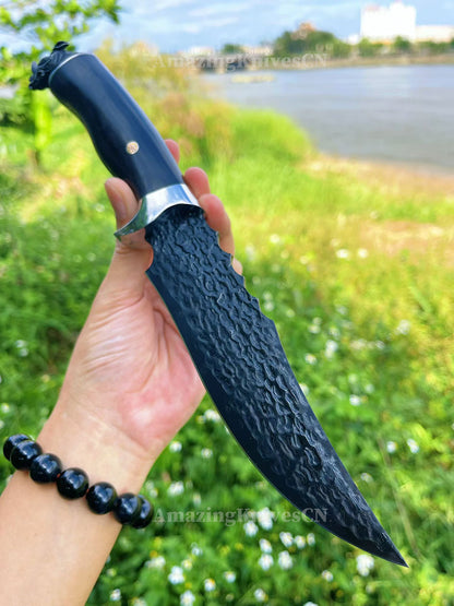 67-Layer VG10 Damascus Knife with Ebony Handle and Black Rhino Pommel - AK-HT1017