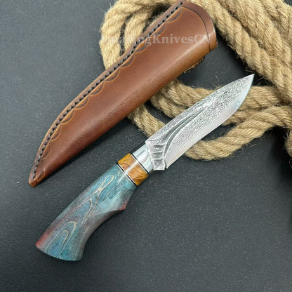 Handcrafted Damascus Vg10 Hunting Knife Survival Fixed Blade With Leather Sheath - AK-HT0935-S