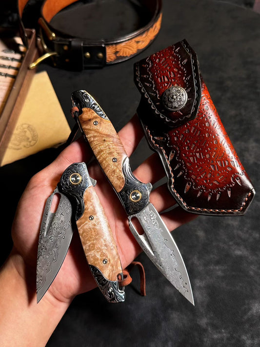 Premium Handmade Damascus Folding Knife with Rare White Burl Wood Handle - AK-HT1058