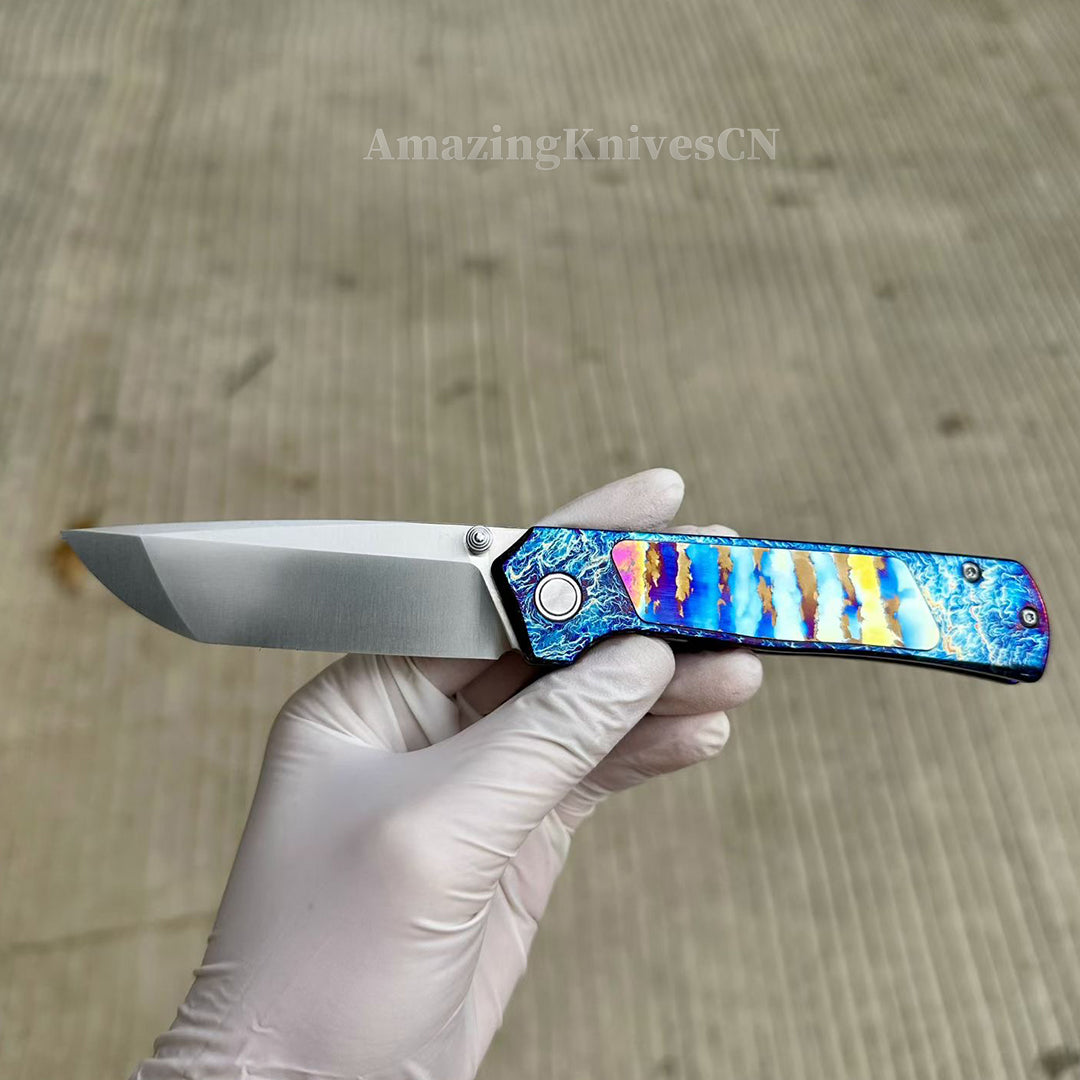 Sandvik 14C28N Steel Steel Pocket Knife Titanium Handle Ball Bearing with Clip - AK-HT1019