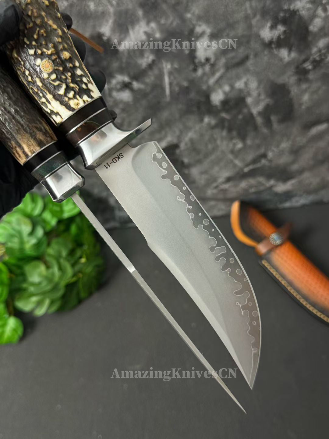 Handmade Japanese Skd-11 Steel Hunting Knife Survival Bowie Knife Full Tang Horn Handle - AK-HT0830