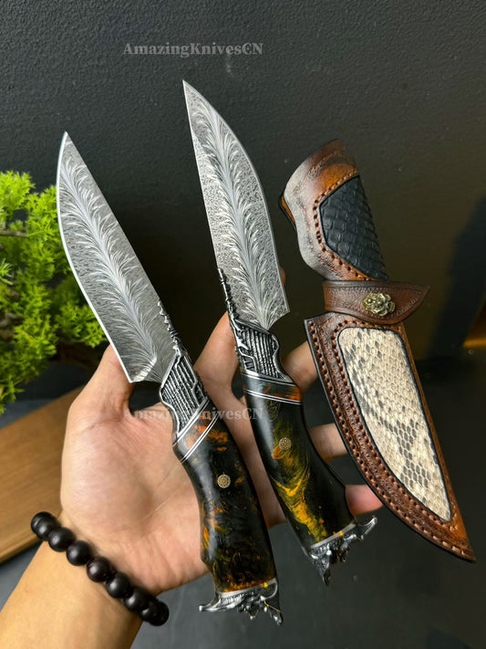 Collectible Feather Damascus Knife with Handmade Italian Snakeskin Leather Sheath - AK-HT1007