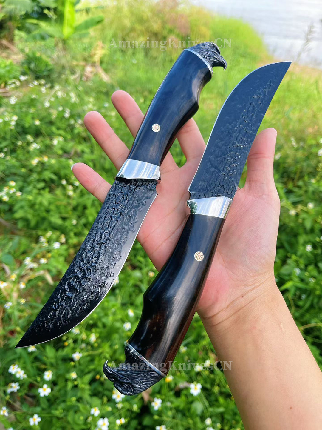 67-Layer Damascus Survival Knife with Ebony Handle and Eagle-Head Pommel - AK-HT1016