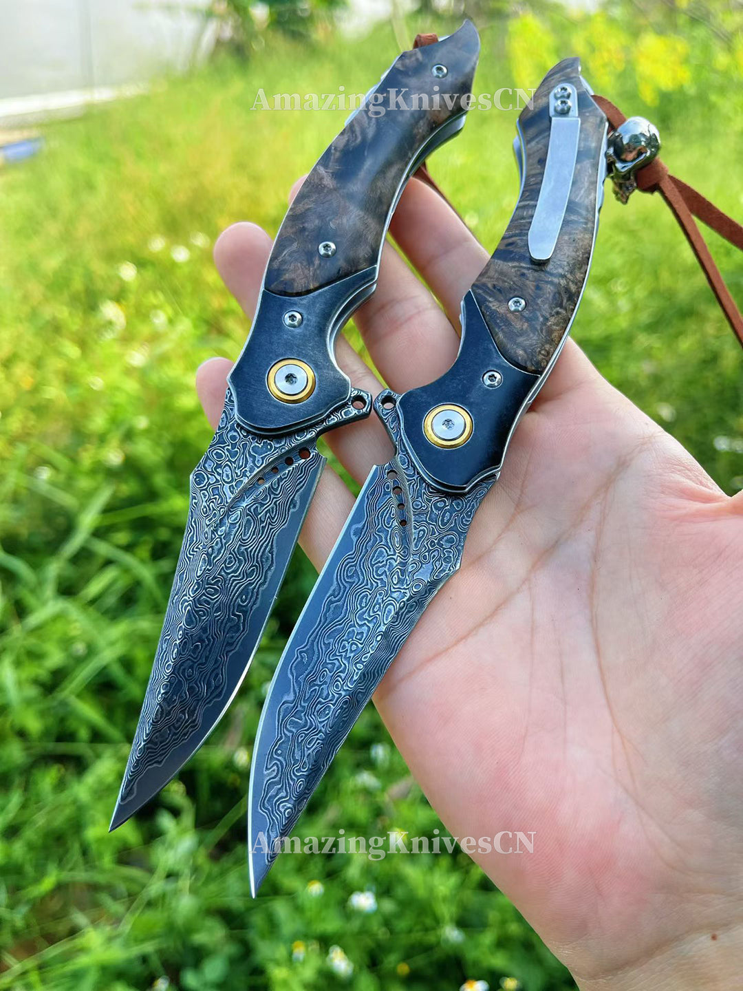 Handcrafted VG10 Damascus Folding Knife with Stabilized Wood Handle – Ball Bearing Quick Open - AK-HT1018