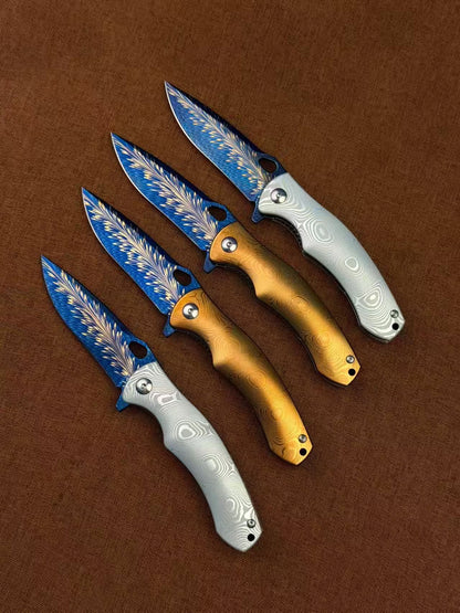 Feather Damascus Steel Folding Knife Aluminum Alloy Damascus Handle - AK-HT1074
