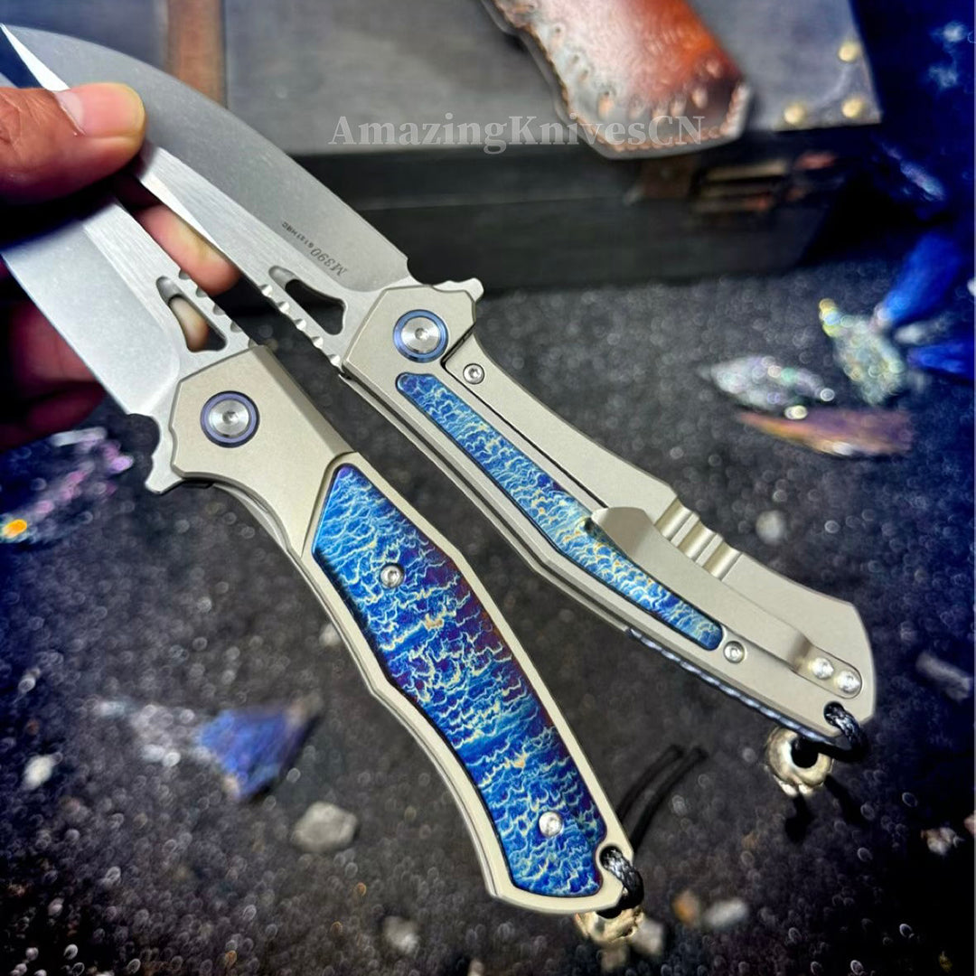Premium M390 Folding Knife – TC4 Titanium Handle, Brushed & Stonewashed Blade, Ball Bearing System - AK-HT1038