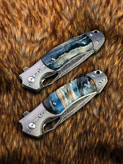 Hand Forged Feather Damascus Steel Folding Knife Mammoth Molar Fossil Handle - AK-HT1075