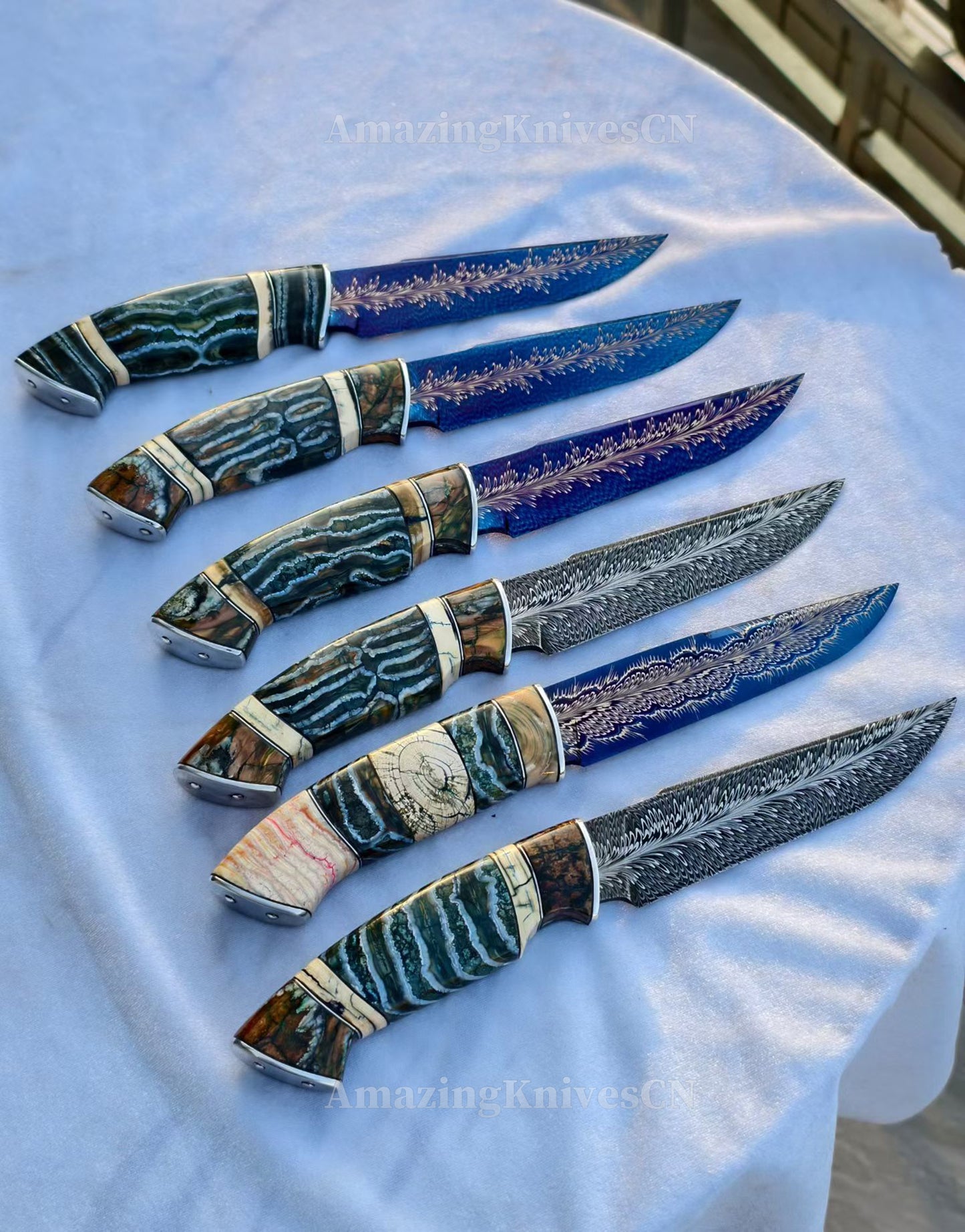 Top Tier Collectible Handforged Feather Damacus Steel Knife Mammoth Molar Fossil with Leather Sheath - AK-HT1026