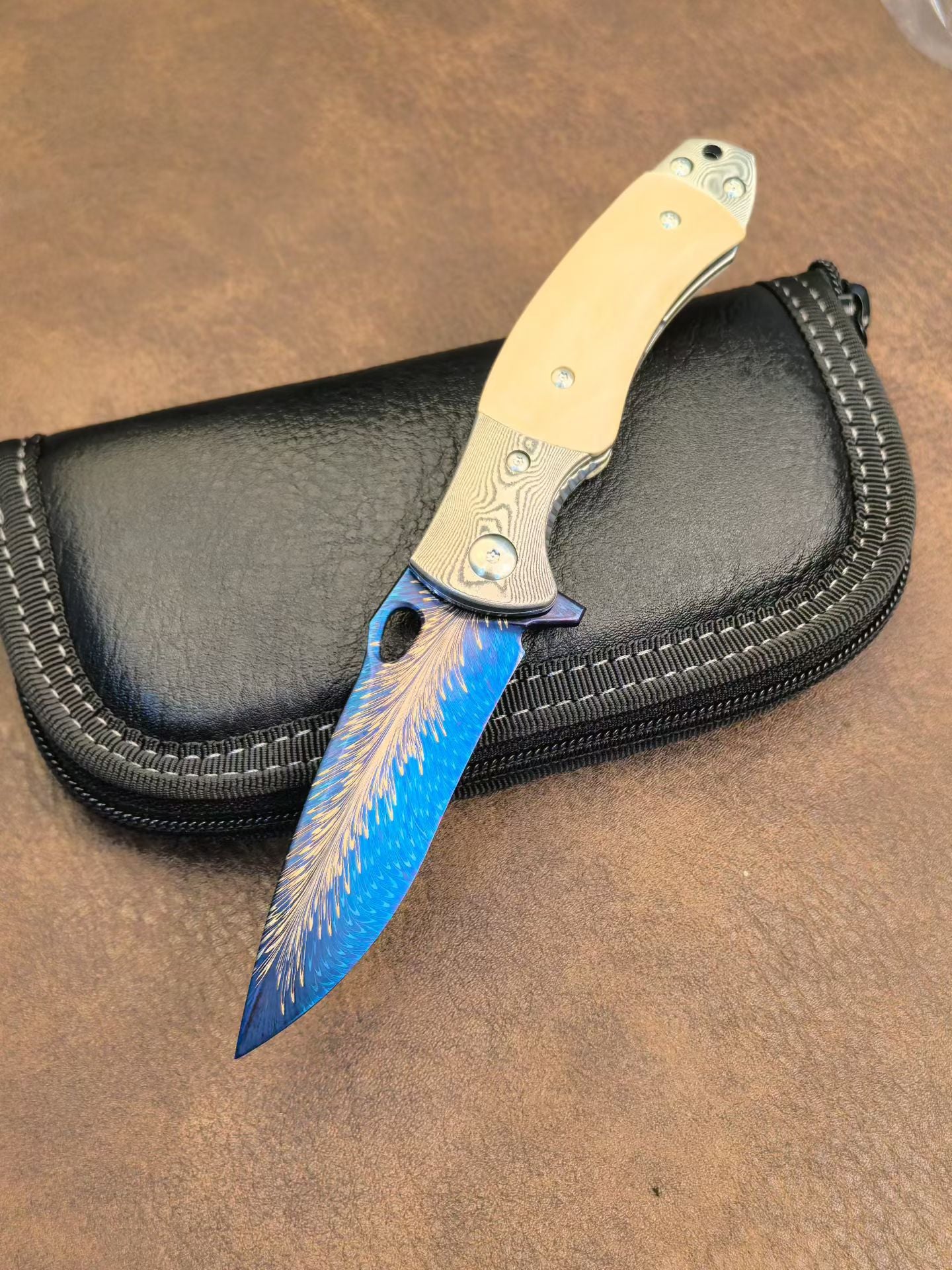 Hand-Forged Feather Damascus Folding Knife with Bone Handle - AK-HT1060