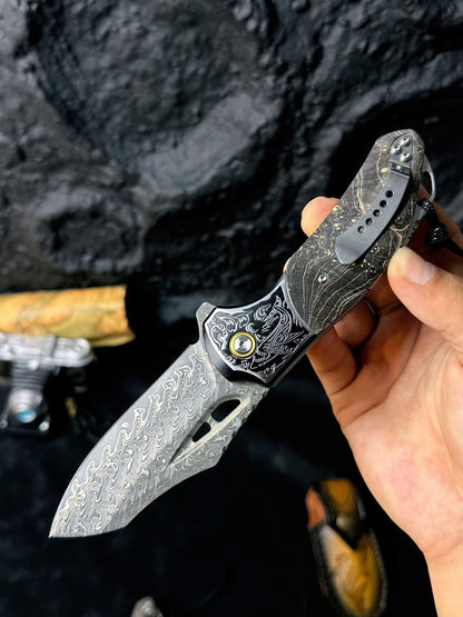 Hand-Forged 78-Layer Damascus Folding Knife – Stabilized Wood Handle - AK-HT0179