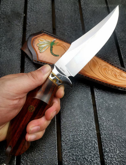 High Quality M390 Steel Bowie Knife Fixed Blade Ironwood Handle with Leather Sheath - AK-HT0853