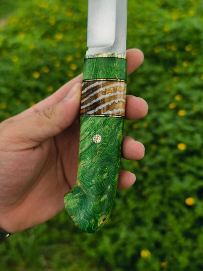 Wootz Steel Knife – Polished Blade, Mammoth Molar Fossil & Stabilized Green Maple Burl Handle - AK-HT1052