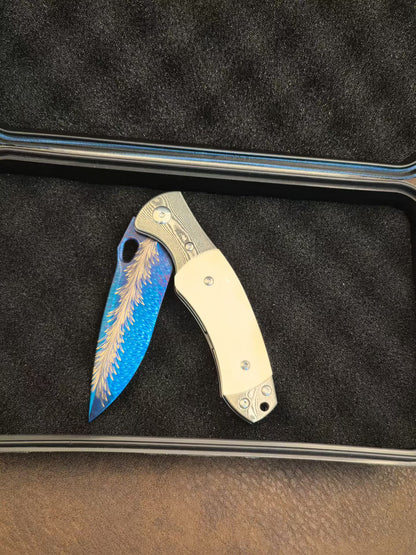Hand-Forged Feather Damascus Folding Knife with Bone Handle - AK-HT1060