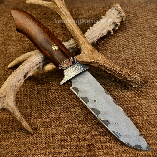 Rare Handforged Damascus Steel Ironwood Straight Hunting Outdoor Knife with Sheath- AK-HT0652-U
