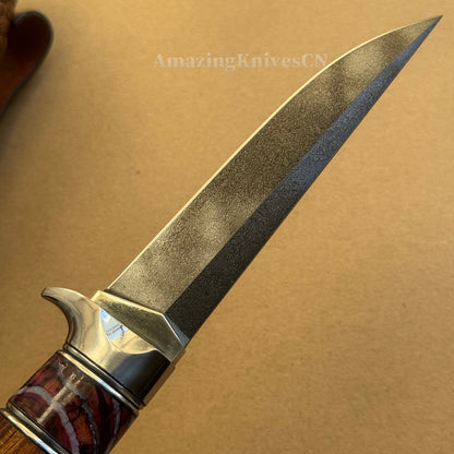 Handcrafted Wootz Steel Fixed Blade Bowie Collectible Knife Desert Ironwood Handle with Leather Sheath - AK-HT0957