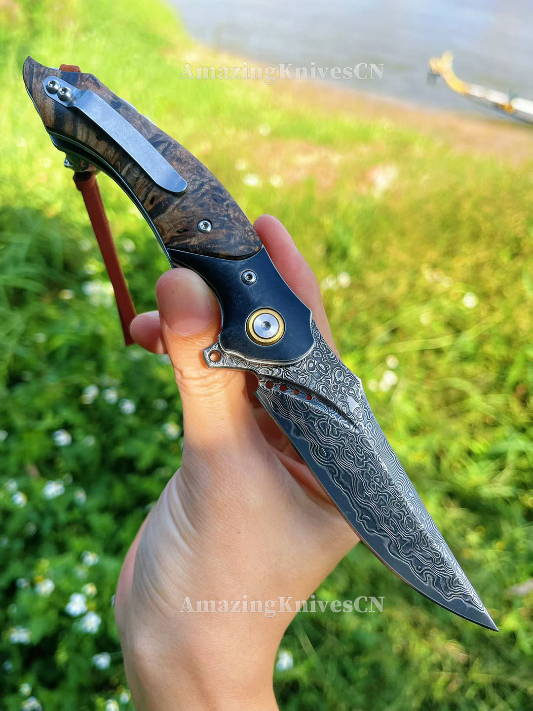 Handcrafted VG10 Damascus Folding Knife with Stabilized Wood Handle – Ball Bearing Quick Open - AK-HT1018