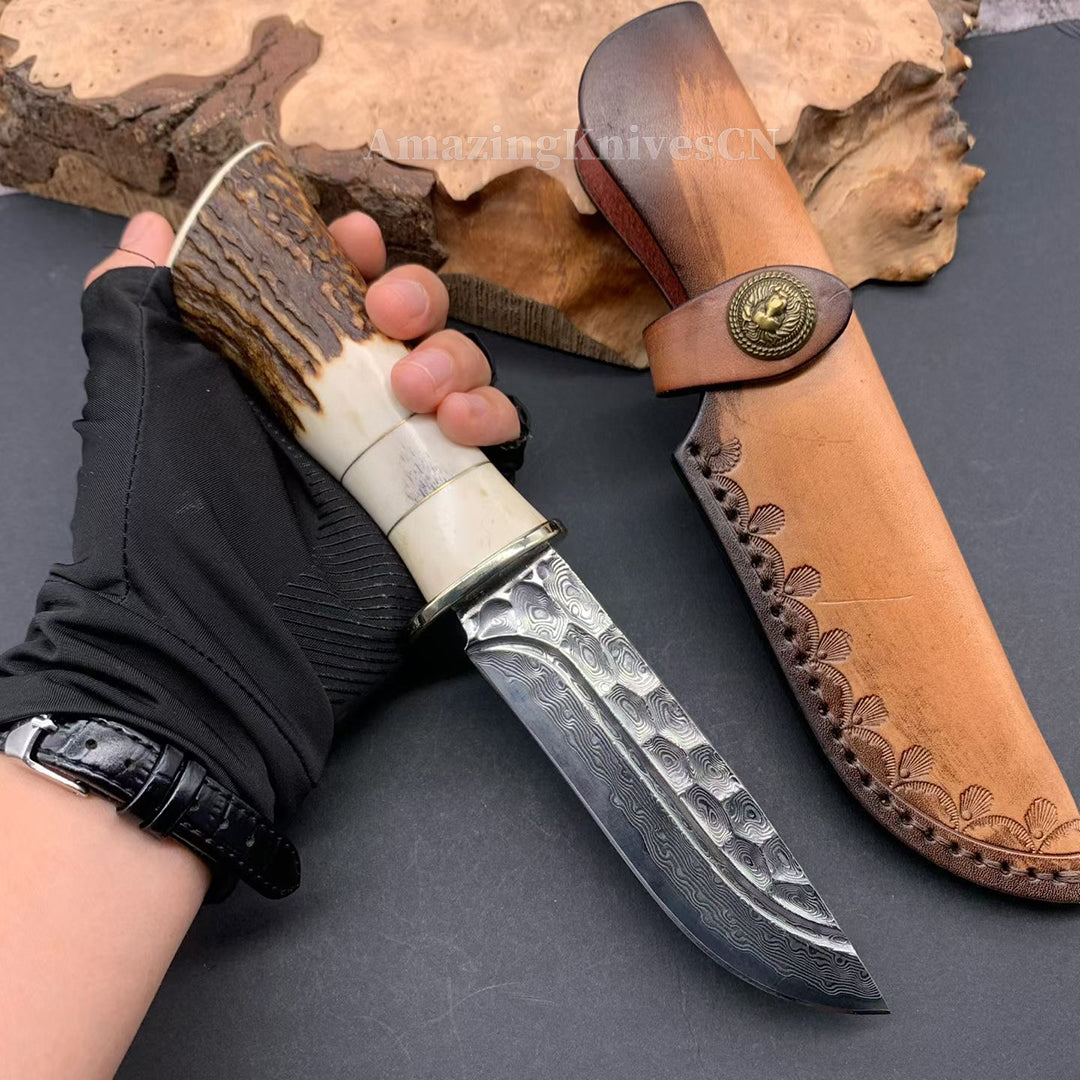Collectible Vg10 Damascus Hunting Knife Fixed Blade Horn Stag Handle Camping w/ Sheath - AK-HT0331