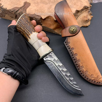 Collectible Vg10 Damascus Hunting Knife Fixed Blade Horn Stag Handle Camping w/ Sheath - AK-HT0331