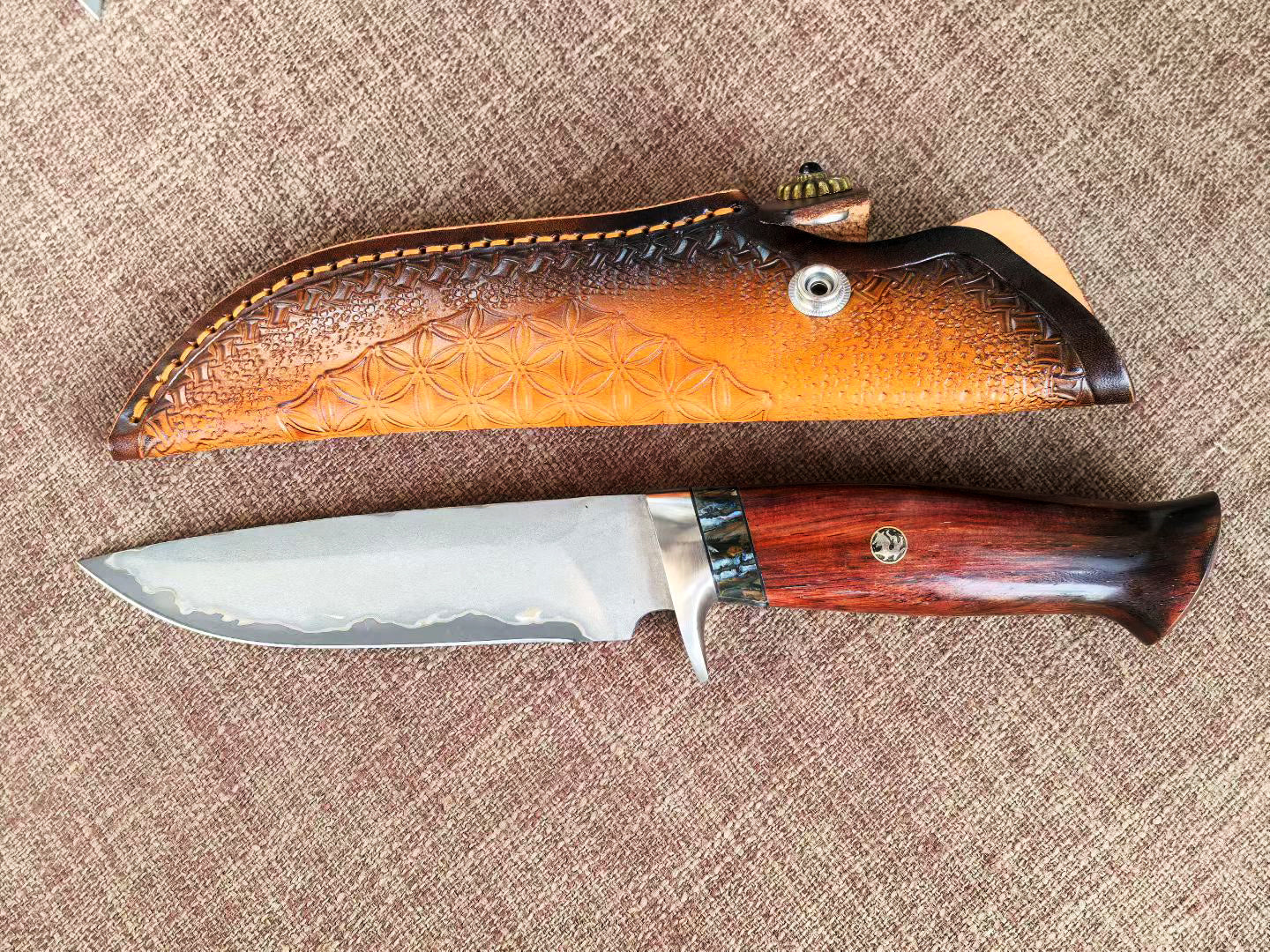 Rare Handforged Damascus Steel Rosewood Straight Hunting Outdoor Knife with Sheath- AK-HT0652