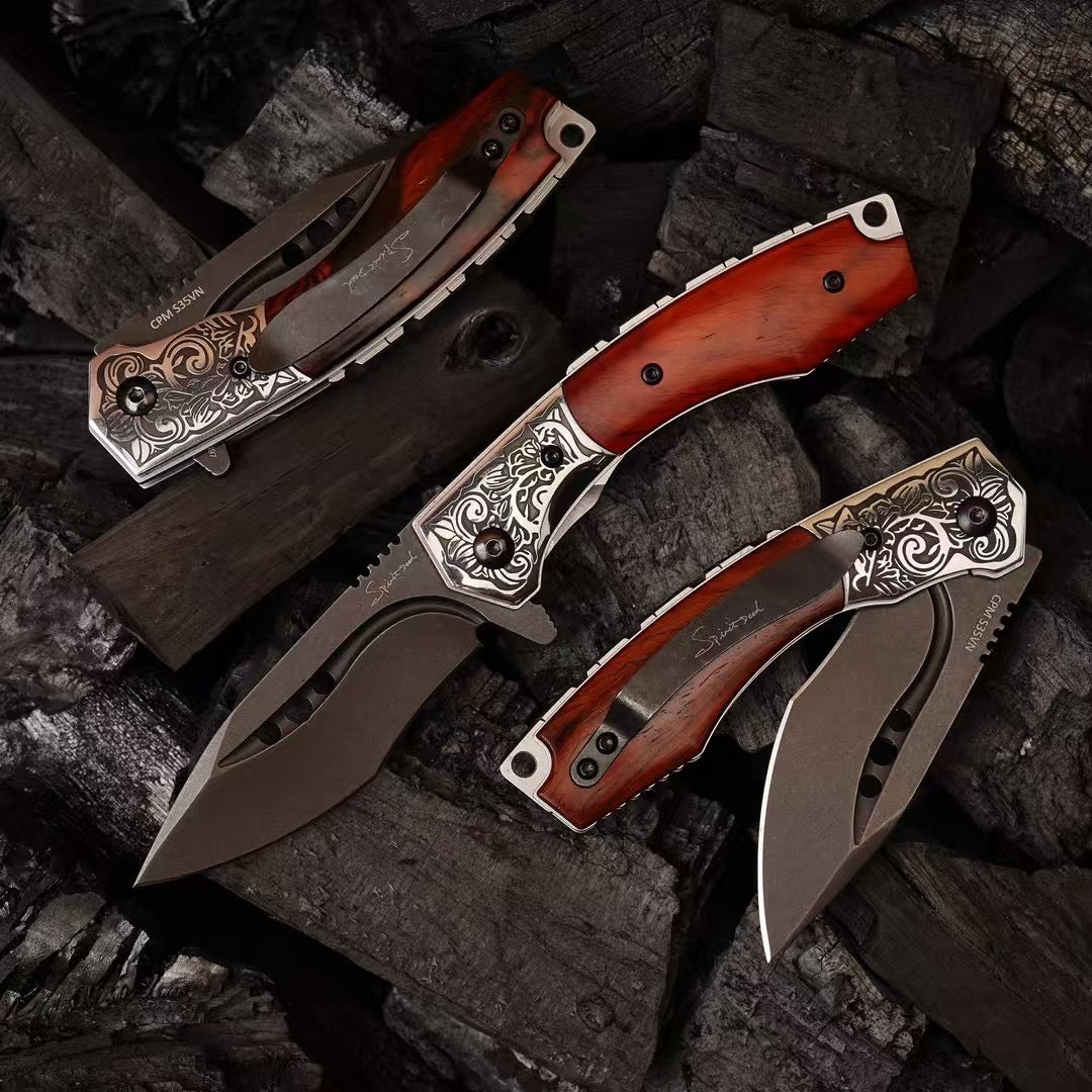 Handcrafted Folding Knife – CPM-S35VN Powder Steel, Rosewood Handle, Artisan Leather Sheath - AK-HT1037