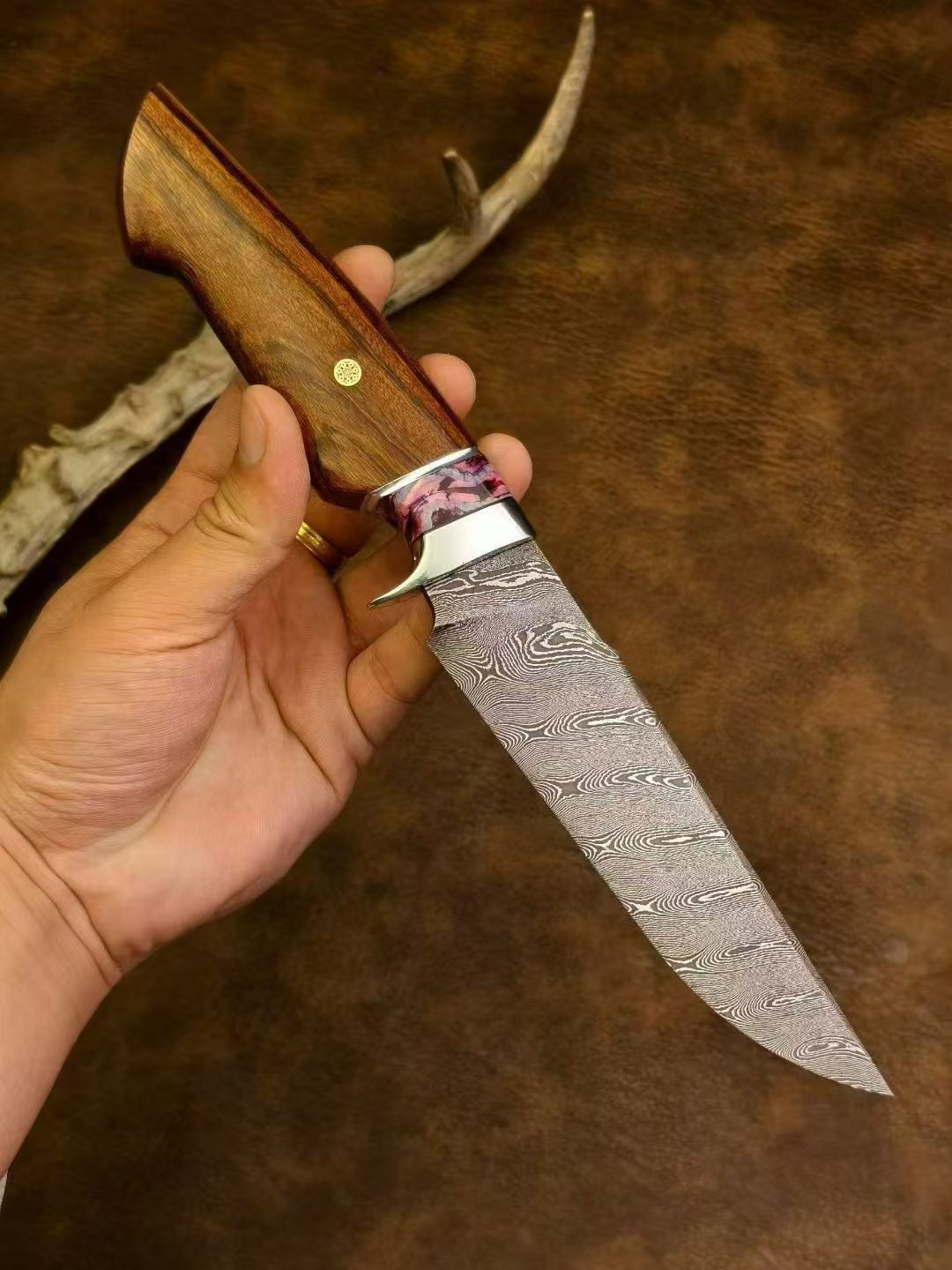 Swedish Steel Damascus Fixed-Blade Knife – Twisted Damascus Pattern, Mammoth Molar Fossil & Desert Ironwood Handle - AK-HT1072