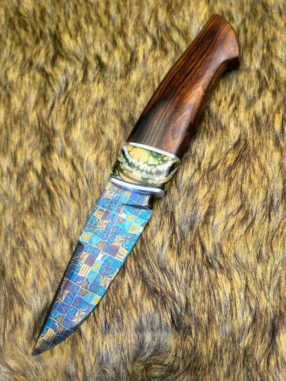 Blued Mosaic Damascus Fixed Blade Mammoth Molar Fossil & Desert Ironwood Edition - AK-HT1062