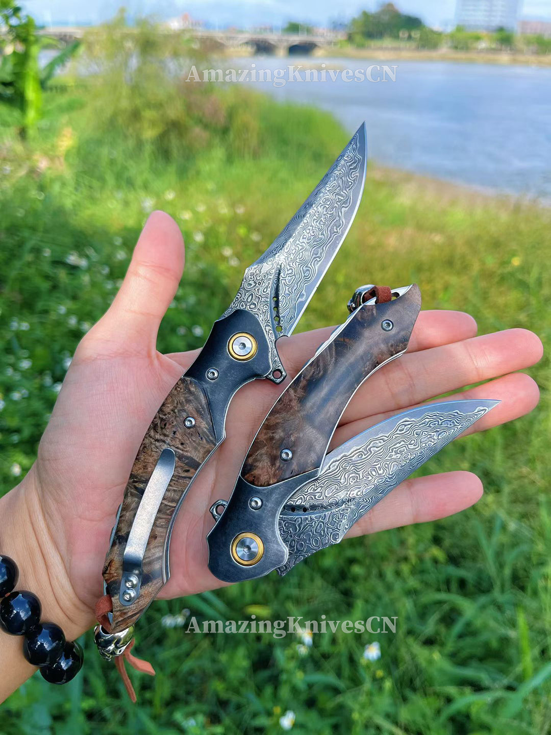 Handcrafted VG10 Damascus Folding Knife with Stabilized Wood Handle – Ball Bearing Quick Open - AK-HT1018