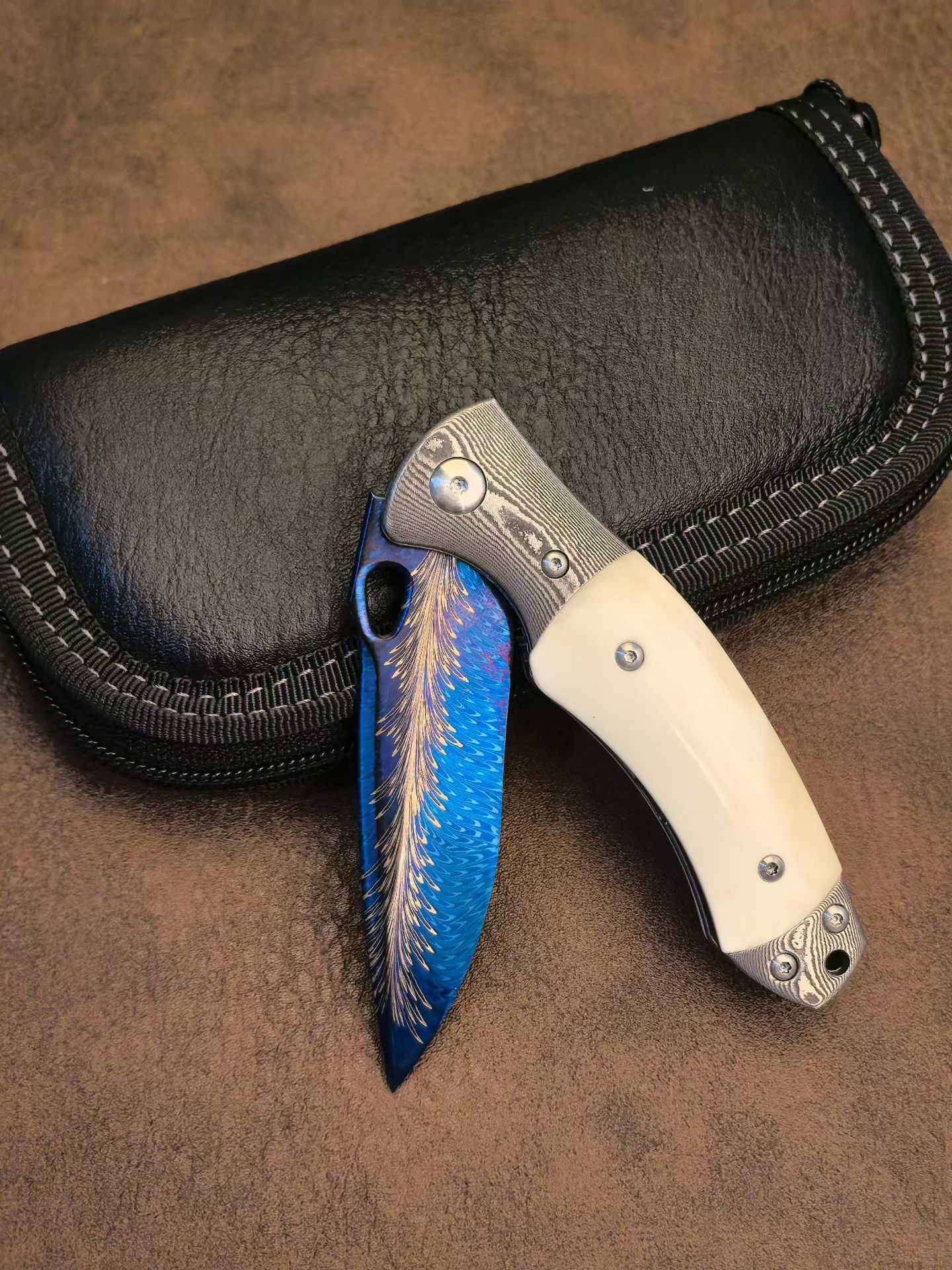 Hand-Forged Feather Damascus Folding Knife with Bone Handle - AK-HT1060