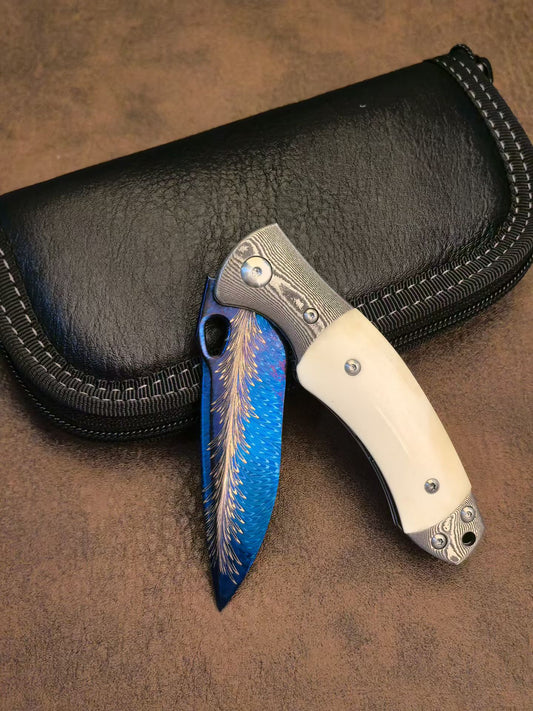 Hand-Forged Feather Damascus Folding Knife with Bone Handle - AK-HT1060
