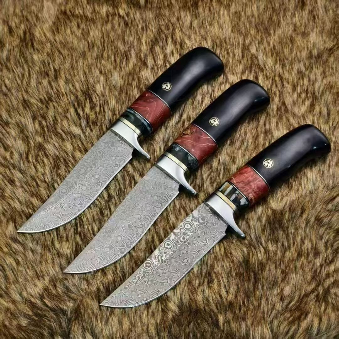Nordic Fixed Blade Knife – Solid Damascus Steel, Mammoth Molar Fossil & Ebony Burl Handle - AK-HT1050