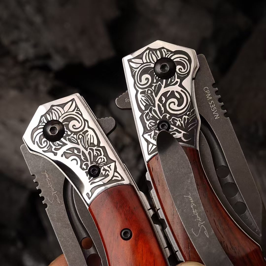 Handcrafted Folding Knife – CPM-S35VN Powder Steel, Rosewood Handle, Artisan Leather Sheath - AK-HT1037