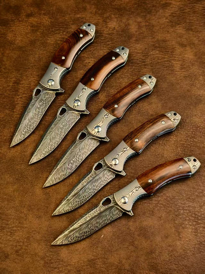 Handcrafted Feather Damascus Knife Desert Ironwood Bone Handle - AK-HT1061