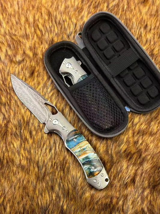 Hand Forged Feather Damascus Steel Folding Knife Mammoth Molar Fossil Handle - AK-HT1075