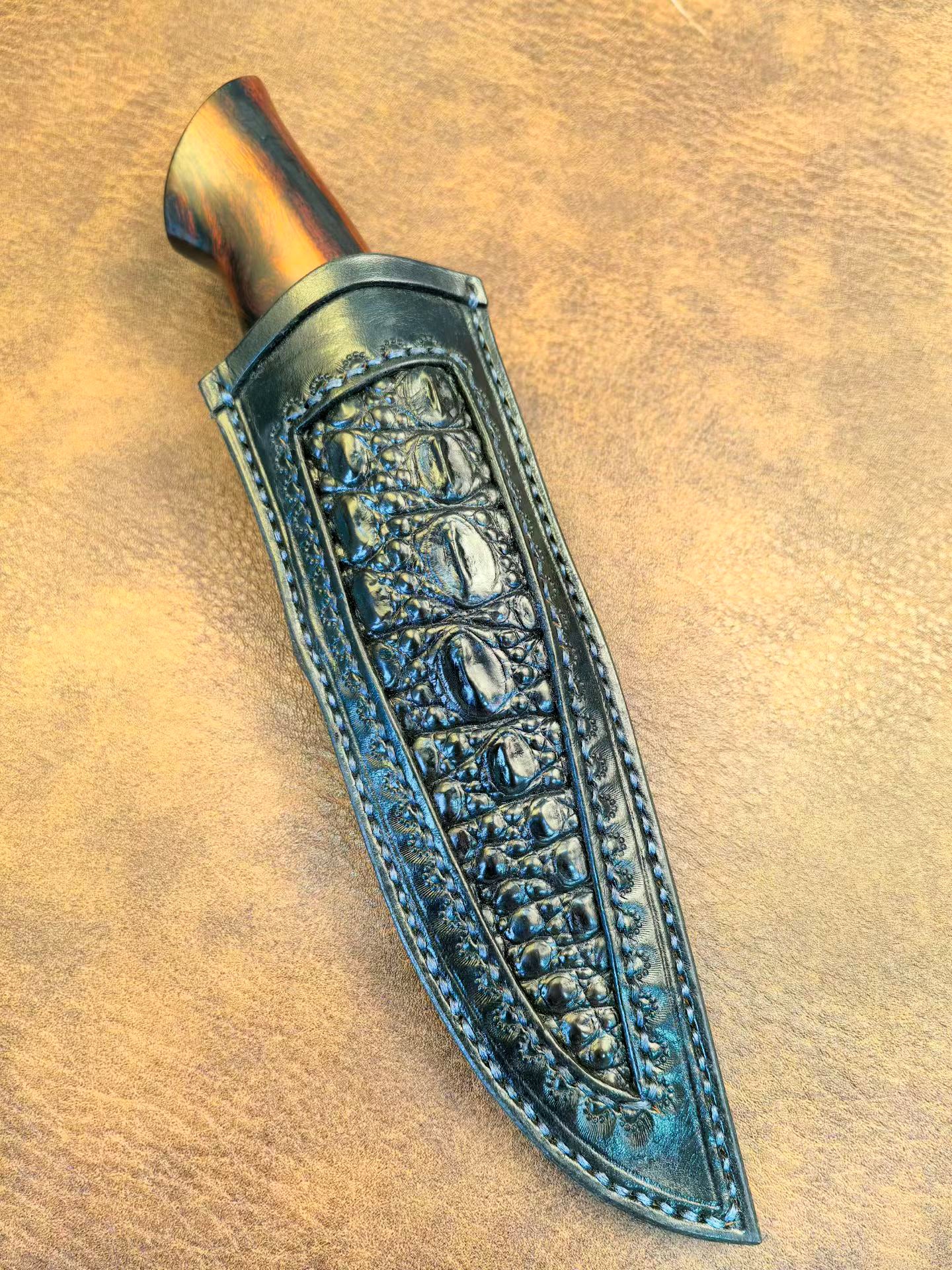 Blued Mosaic Damascus Fixed Blade Mammoth Molar Fossil & Desert Ironwood Edition - AK-HT1062