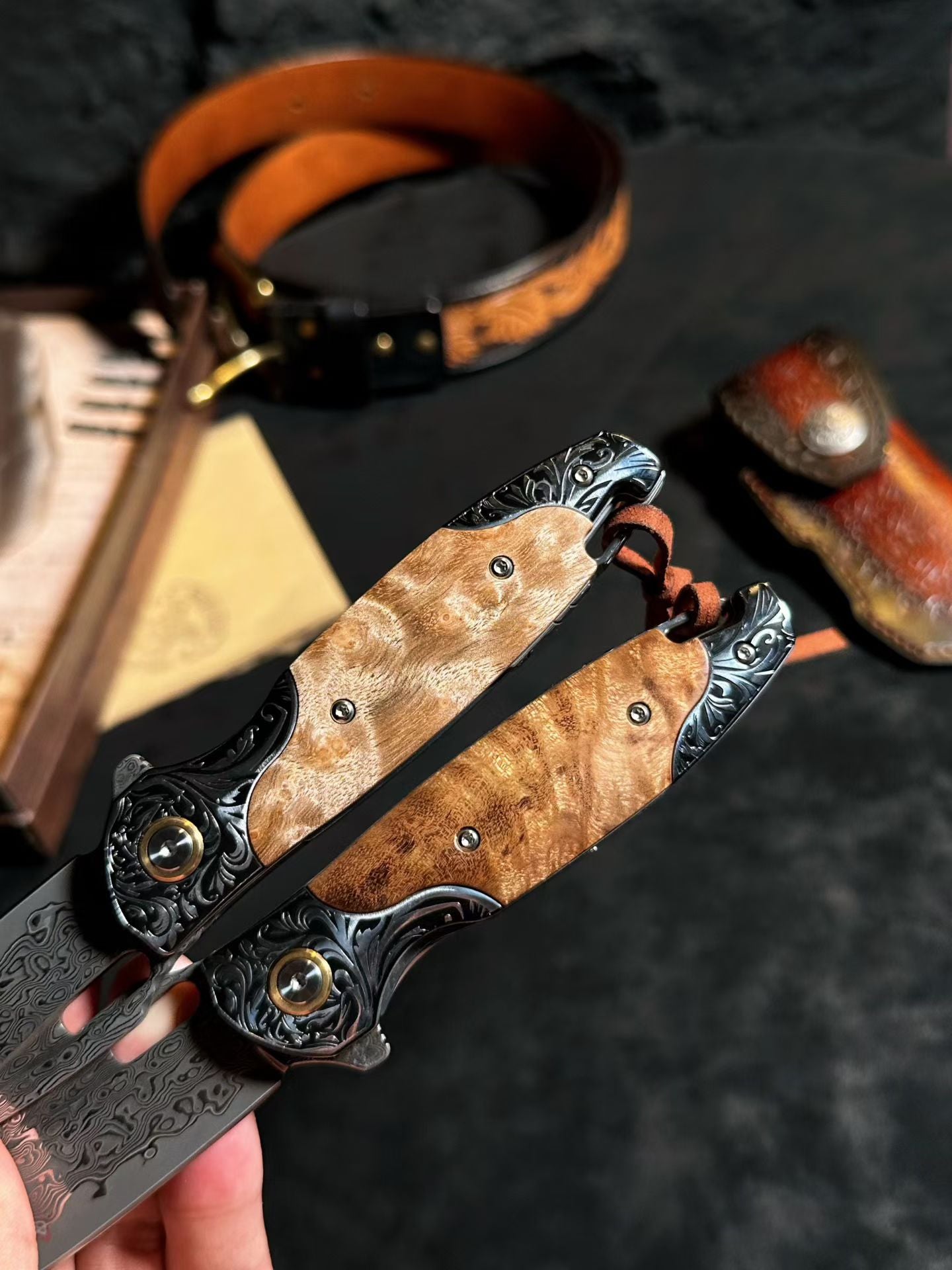 Premium Handmade Damascus Folding Knife with Rare White Burl Wood Handle - AK-HT1058