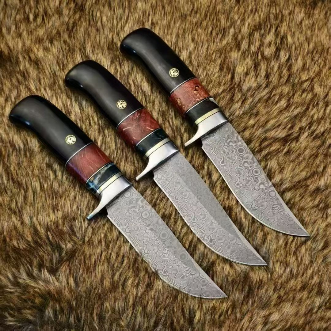 Nordic Fixed Blade Knife – Solid Damascus Steel, Mammoth Molar Fossil & Ebony Burl Handle - AK-HT1050