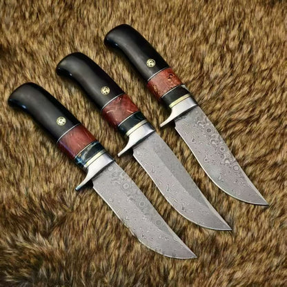 Nordic Fixed Blade Knife – Solid Damascus Steel, Mammoth Molar Fossil & Ebony Burl Handle - AK-HT1050