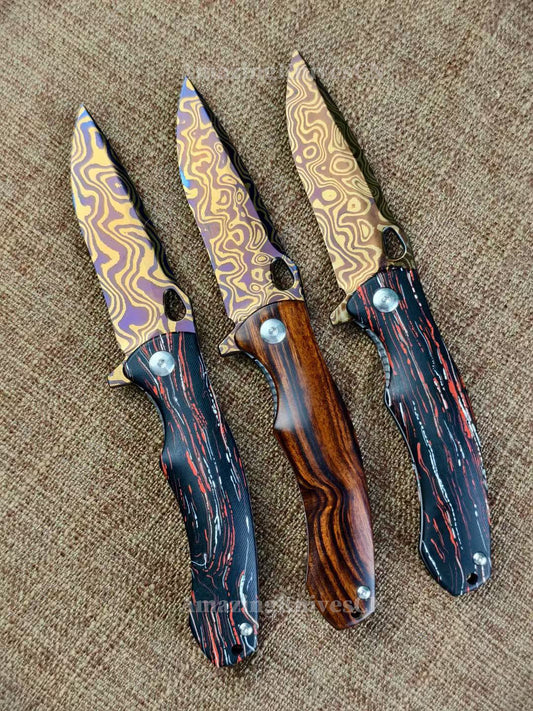 Collectible Nickel Damascus Folding Knife Pocket Knife with Leather Sheath - AK-HT1009