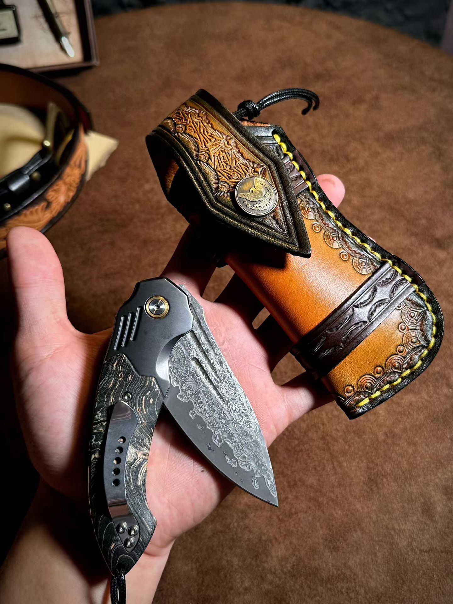 Smooth Fast-Opening Damascus Folding Knife with Stabilized Wood Handle -AK-HT1057