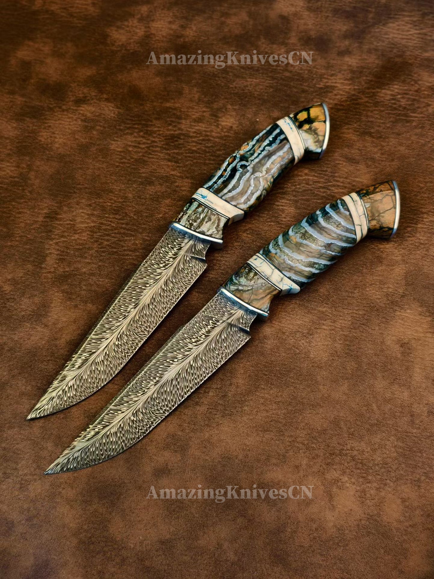 Top Tier Collectible Handforged Feather Damacus Steel Knife Mammoth Molar Fossil with Leather Sheath - AK-HT1026